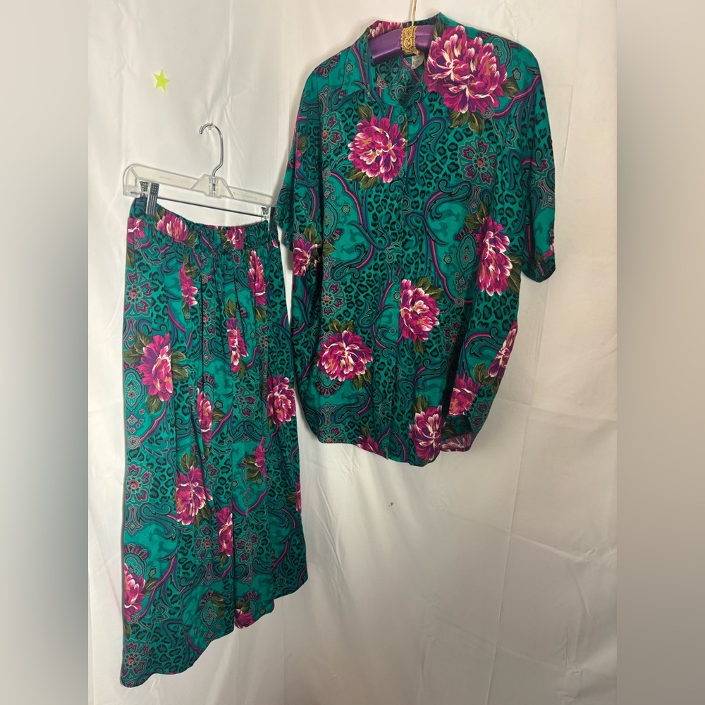 VTG Oversized Turquoise Floral Leopard Print Short Sleeve Maxi Skirt Set Size L‎